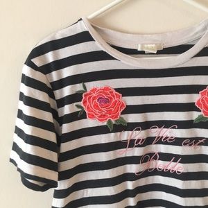 Striped embroidered statement tee
